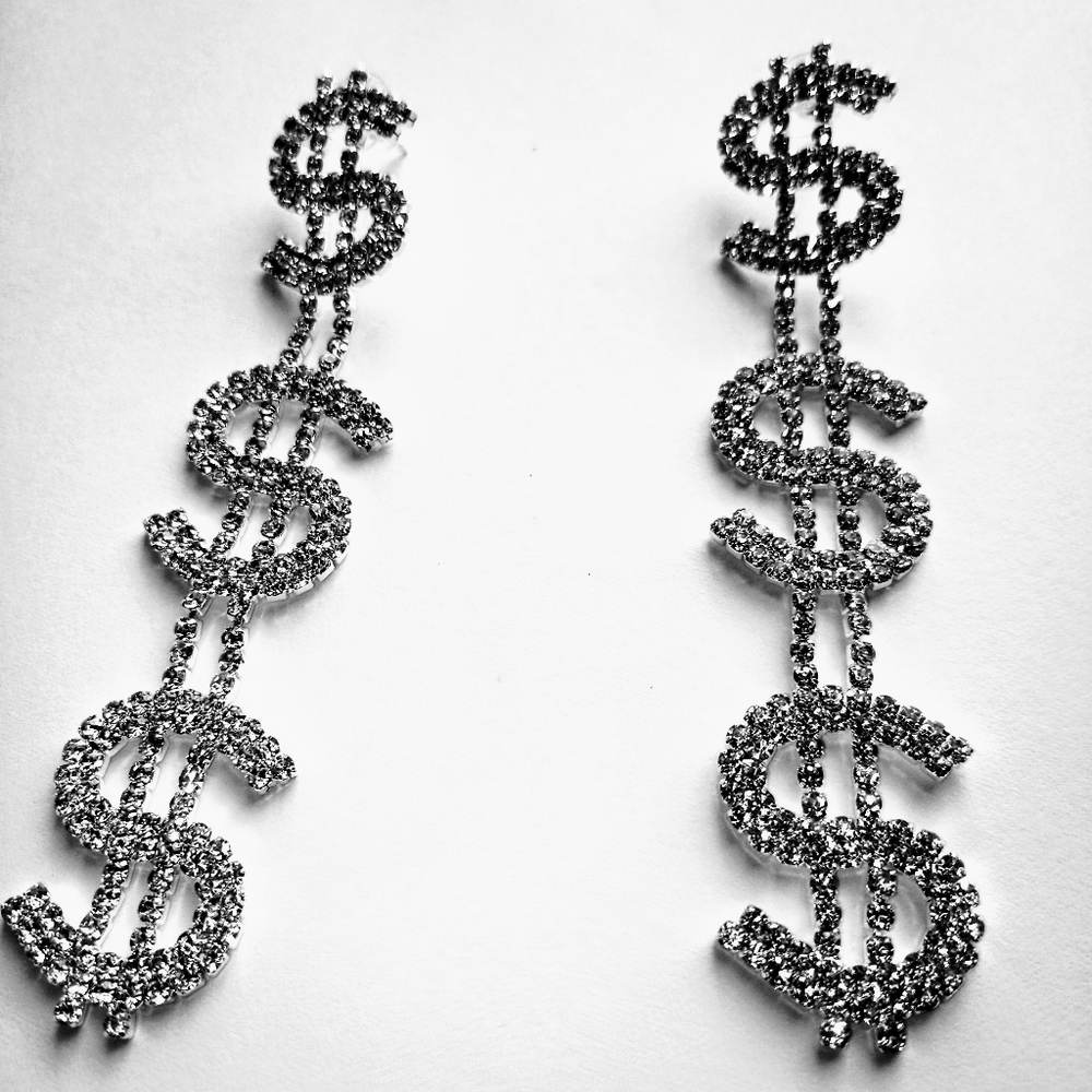4" Silver Stud Rhinestone $$$ Sign Dangle Earrings - Picture 4 of 5
